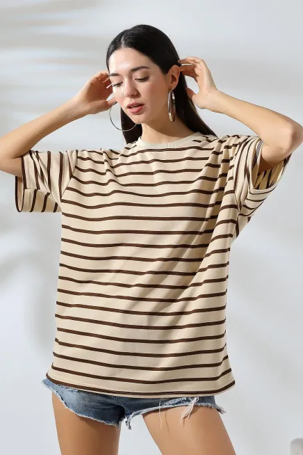 Çizgili Oversize T-Shirt-cln1013-khv