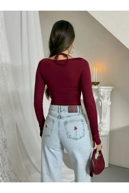 Dantel Detay Bodysuit Bordo