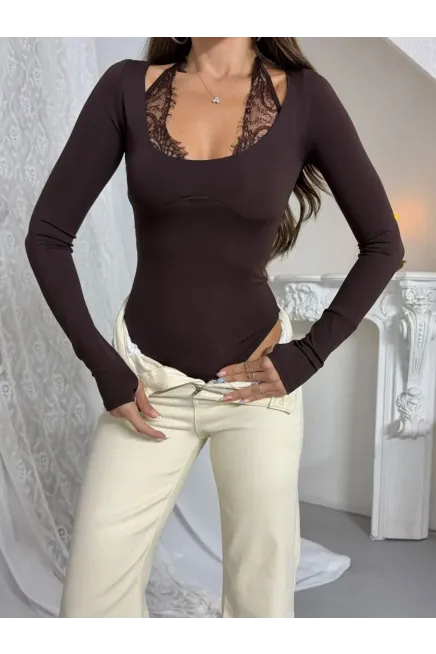 Dantel Detay Bodysuit Kahve