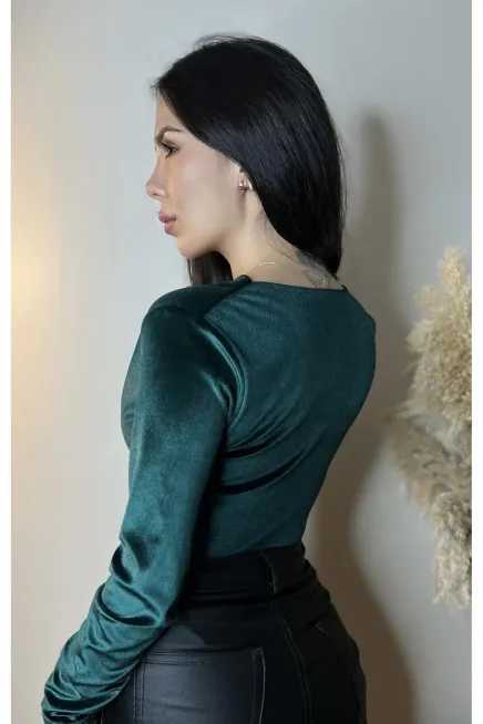 Degaje Yaka Çıtçıtlı Kadife Bodysuit-0116-snmbdyYeşil