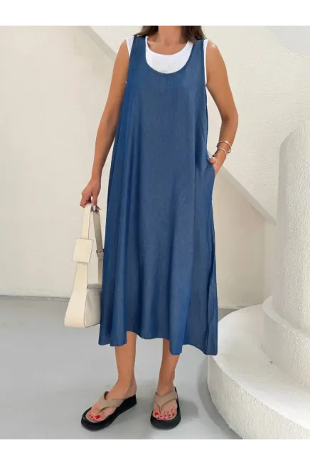 Denim Cepli Elbise ve Tshirt Mavi