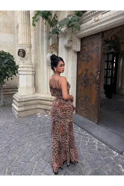 Dijital Baskılı Likralı Güpür Detay Maxi Elbise Leopar - 3