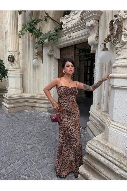 Dijital Baskılı Likralı Güpür Detay Maxi Elbise Leopar - 2