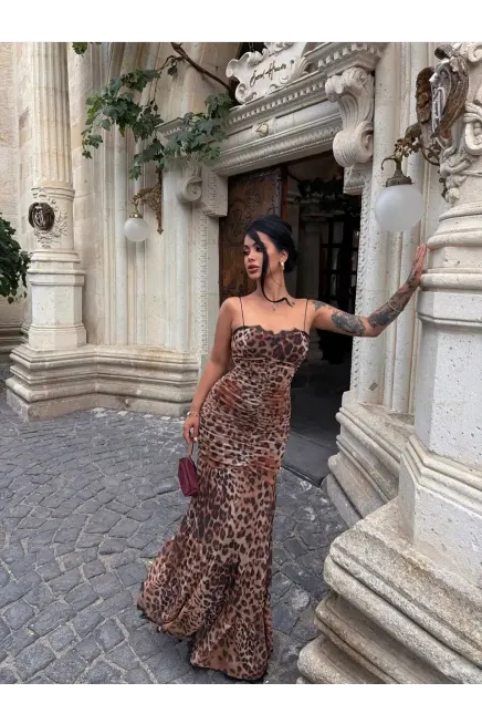 Dijital Baskılı Likralı Güpür Detay Maxi Elbise Leopar