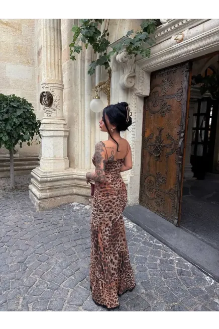 Dijital Baskılı Likralı Güpür Detay Maxi Elbise Leopar - 4