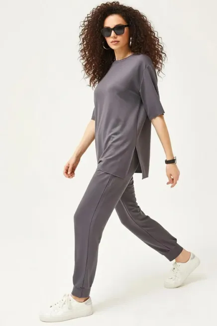 Dökümlü Modal Kumaş Alt Üst Takım-P00013258-gr - 2