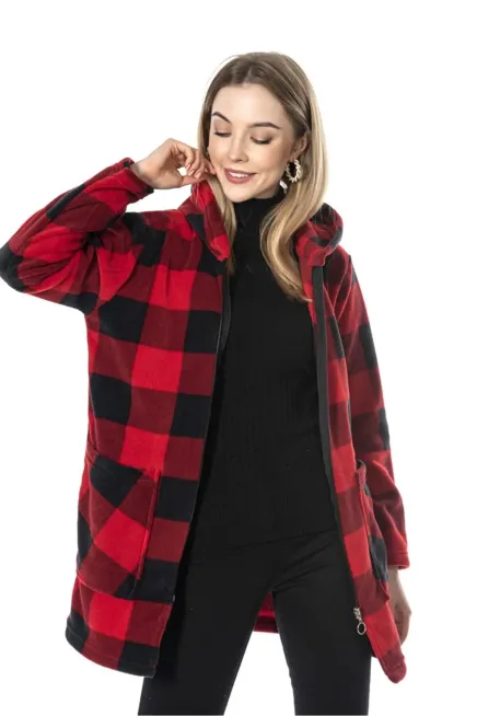 Fermuarlı Ekose Desen Polar Hırka-cchkrek101-krm