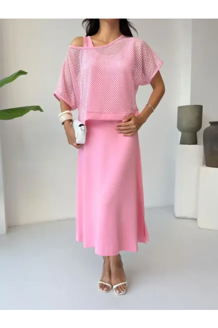 File Detaylı İkili Takım Elbise Pembe