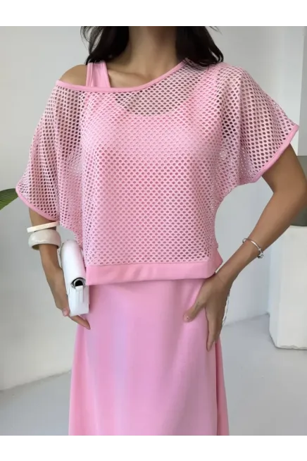 File Detaylı İkili Takım Elbise Pembe