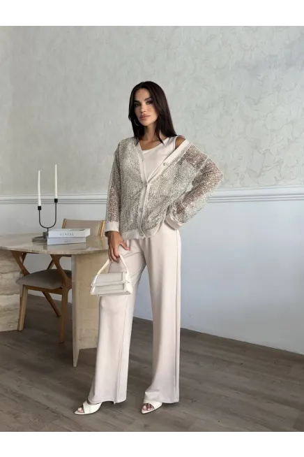 Fileli Pul Payetli Taş Renk Üçlü Takım