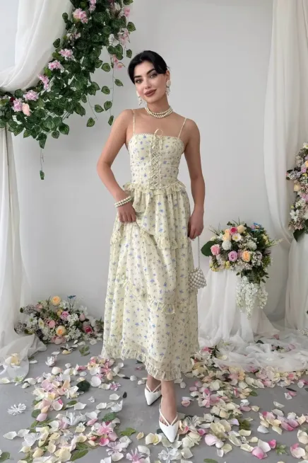 Fırfır Detaylı Eteği Belden Açılan Çiçek Desenli Maxi Dokuma Elbise - 3