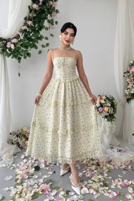 Fırfır Detaylı Eteği Belden Açılan Çiçek Desenli Maxi Dokuma Elbise - 2