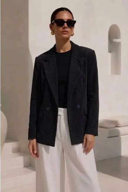 Fitilli Kadife Blazer Ceket Siyah