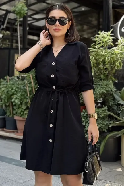 Gömlek Yaka Bel Bağlamalı Salaş Elbise-700-3411-syh