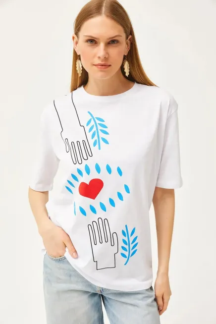 Hand Heart Baskılı Rahat Kalıp Tişört-cln1010-byz