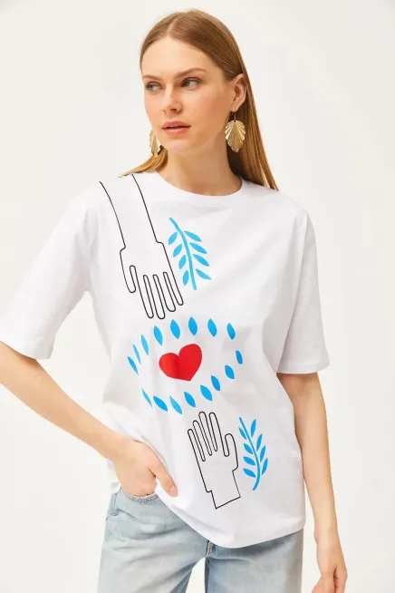 Hand Heart Baskılı Rahat Kalıp Tişört-cln1010-byz - 2