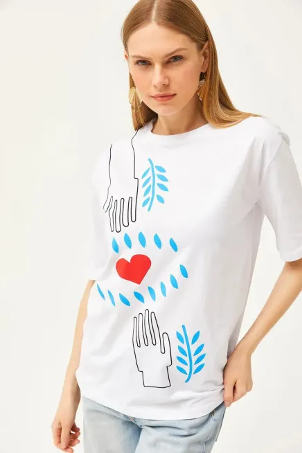 Hand Heart Baskılı Rahat Kalıp Tişört-cln1010-byz - 3