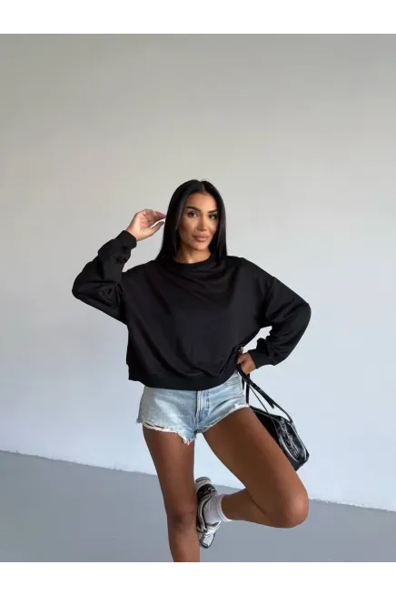 İki İplik Bisiklet Yaka Siyah Sweatshirt