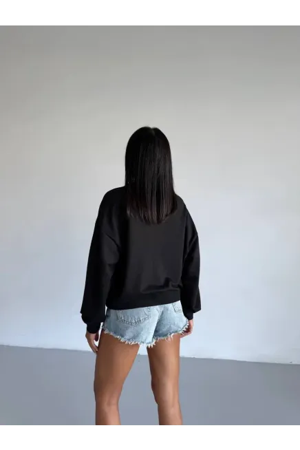 İki İplik Bisiklet Yaka Siyah Sweatshirt