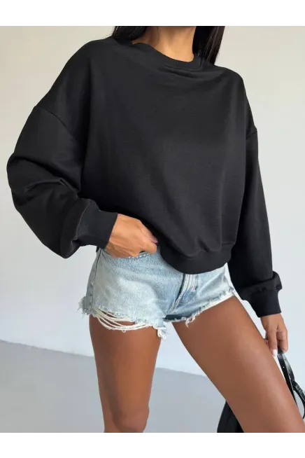 İki İplik Bisiklet Yaka Siyah Sweatshirt