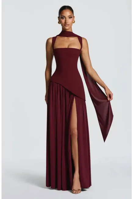 İthal Atlas Kumaş Sırt Detaylı Maxi Boy Elbise Bordo