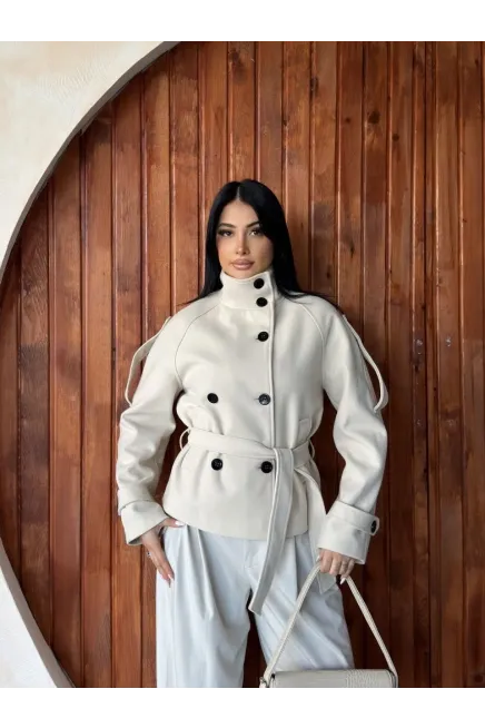 İthal Kaşe Bel Kuşaklı Trenç Mont Ekru - 3