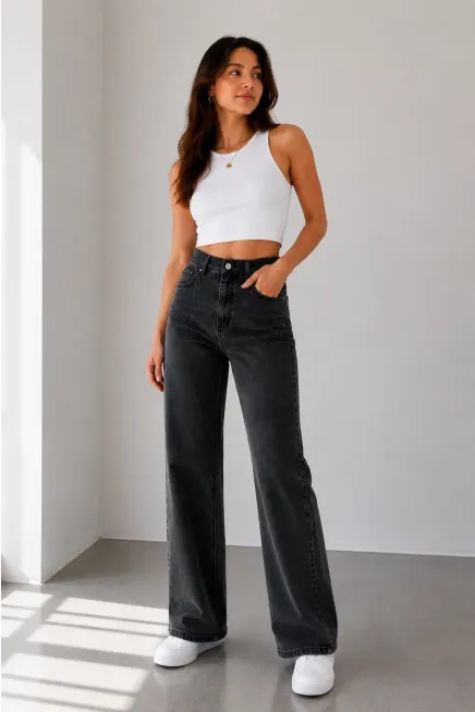 Kadın Antrasit Yüksek Bel Palazzo Denim Pantolon