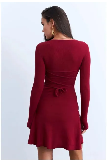 Kadın Bordo Bağlamalı Kaşkorse Mini Elbise-FRY2175_Bordo