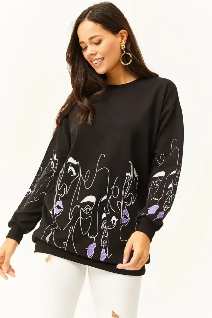Kadın Siyah Yüz Figürlü Oversize Sweatshirt-19000632Siyah