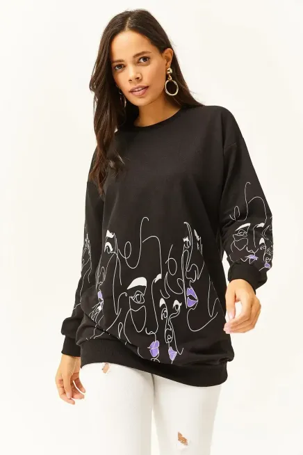 Kadın Siyah Yüz Figürlü Oversize Sweatshirt-19000632Siyah