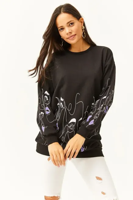 Kadın Siyah Yüz Figürlü Oversize Sweatshirt-19000632Siyah