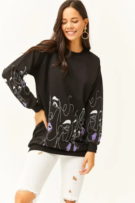 Kadın Siyah Yüz Figürlü Oversize Sweatshirt-19000632Siyah