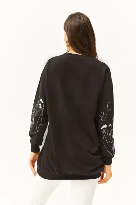 Kadın Siyah Yüz Figürlü Oversize Sweatshirt-19000632Siyah