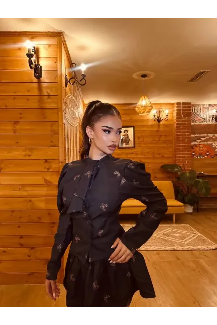 Kelebek Desenli Etekli Alt Üst Takım Siyah