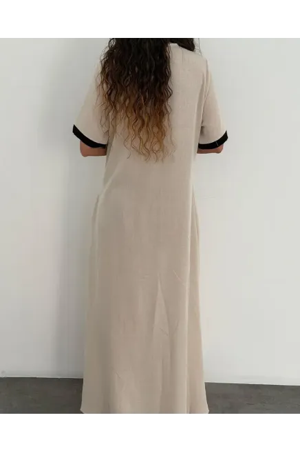 Keten Siyah Şeritli Uzun Elbise - 3