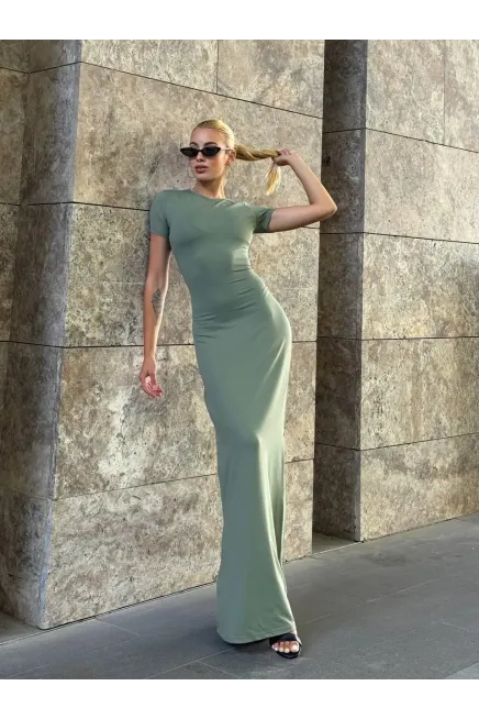 Kısa Kol Bisiklet Yaka Yeşil Elbise-zchelb9-ysl - 2