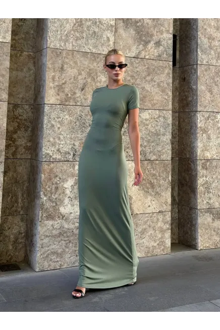Kısa Kol Bisiklet Yaka Yeşil Elbise-zchelb9-ysl - 3