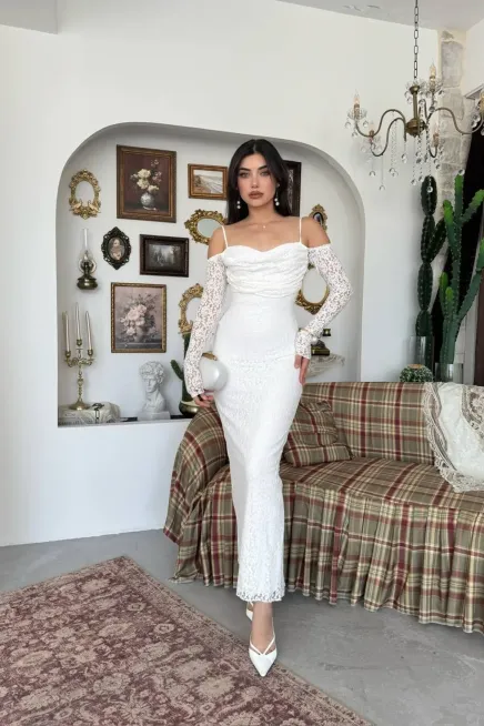 Kol Detay Dantel Midi Elbise Beyaz - 2