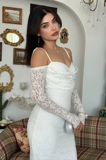 Kol Detay Dantel Midi Elbise Beyaz - 3
