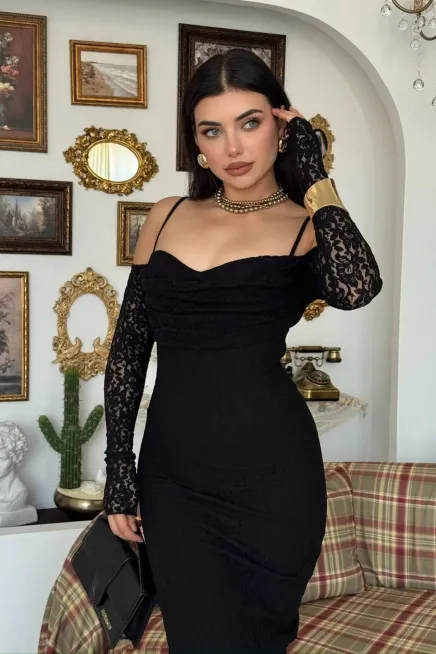 Kol Detay Dantel Midi Elbise Siyah - 2