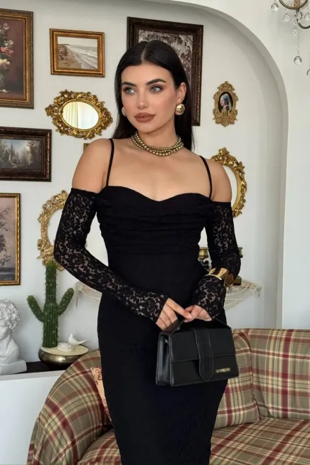 Kol Detay Dantel Midi Elbise Siyah