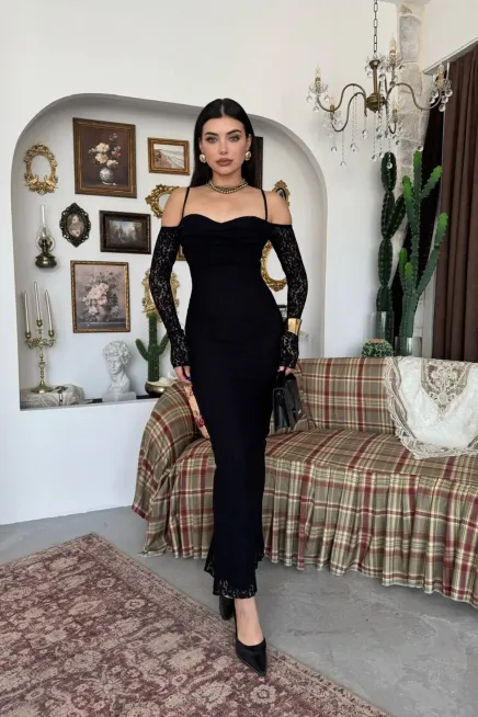 Kol Detay Dantel Midi Elbise Siyah