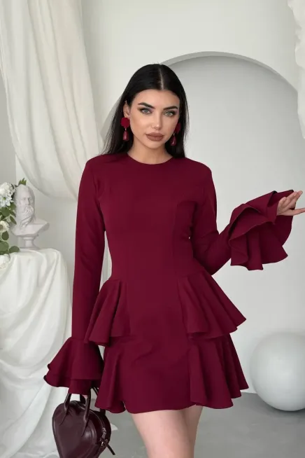 Kol Detay Mini Elbise Bordo - 2