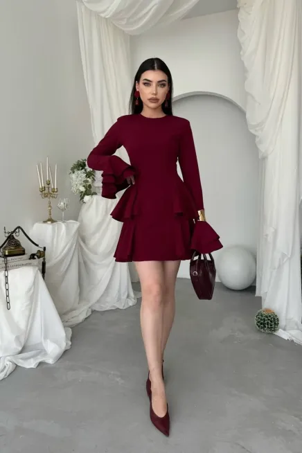 Kol Detay Mini Elbise Bordo - 3