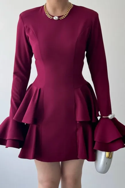 Kol Detay Mini Elbise Bordo - 4