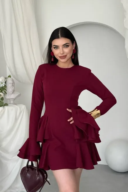 Kol Detay Mini Elbise Bordo