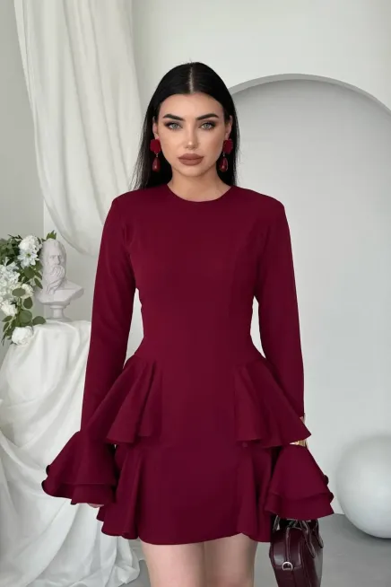 Kol Detay Mini Elbise Bordo