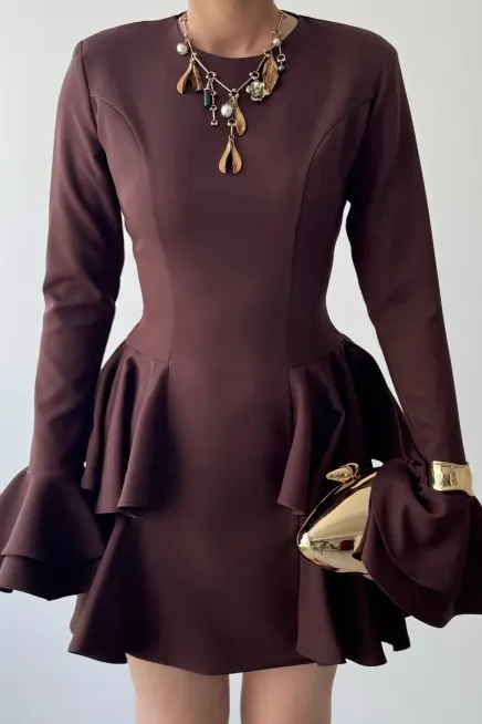 Kol Detay Mini Elbise Kahve - 3