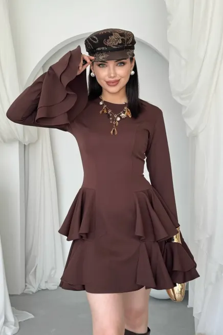 Kol Detay Mini Elbise Kahve