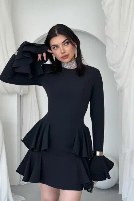 Kol Detay Mini Elbise Siyah